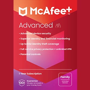 Get $120 off USA – McAfee+ Advanced Family 1-Year Subscription Box Shot